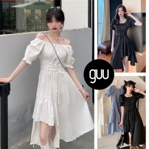 Váy suông dáng dài lệch tầng chiết eo tay ngắn cổ vuông mặc 2 kiểu  GUU