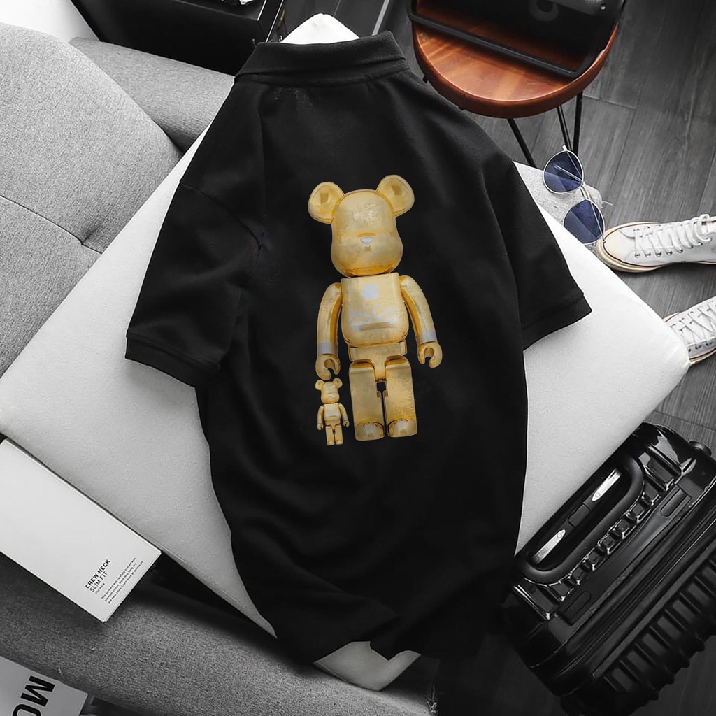 Áo POLO BEARBRICK (mặt trước Logo phản quang bạc), chất Thun Cá Sấu Poly Thái , Áo có cổ trắng đen, cổ trụ Unisex nam nữ