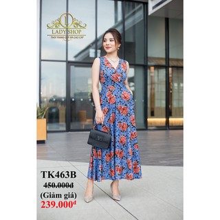 Thời trang trung niên -  Đầm quý bà cao cấp - Ladyshop - Đầm sát nách cổ chéo xanh rêu hoa mẫu đơn TK463