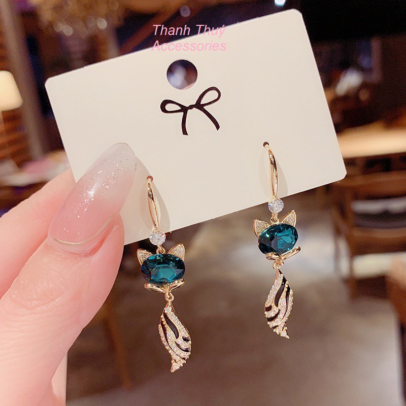 Bông tai hợp kim xi mạ bạc 925 hồ ly xanh may mắn tình duyên phiên bản hàn Quốc