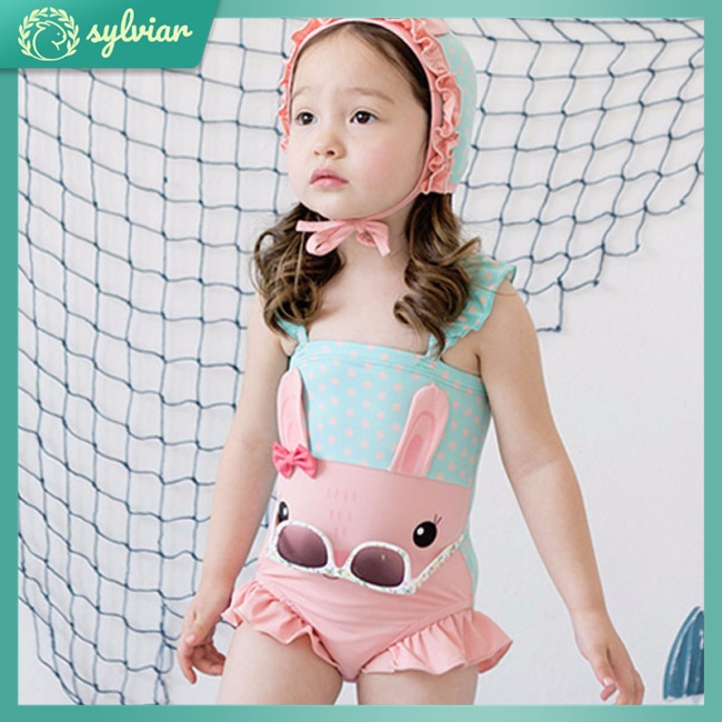 Bộ Đồ Bơi Liền Thân 2 Mảnh Hình Thú Dễ Thương Kèm Mũ Dành Cho Bé Gái