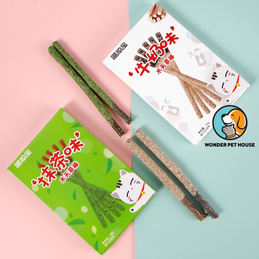 Thanh que gỗ Sticky catnip vị matcha, sữa giảm stress làm sạch răng cho mèo