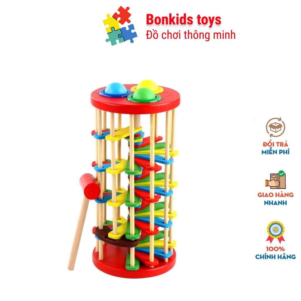 Đồ chơi phát triển trí tuệ, đập bóng lốc xoáy bậc thang zíc zắc nhiều màu sắc đồ chơi gỗ Bonkids toys