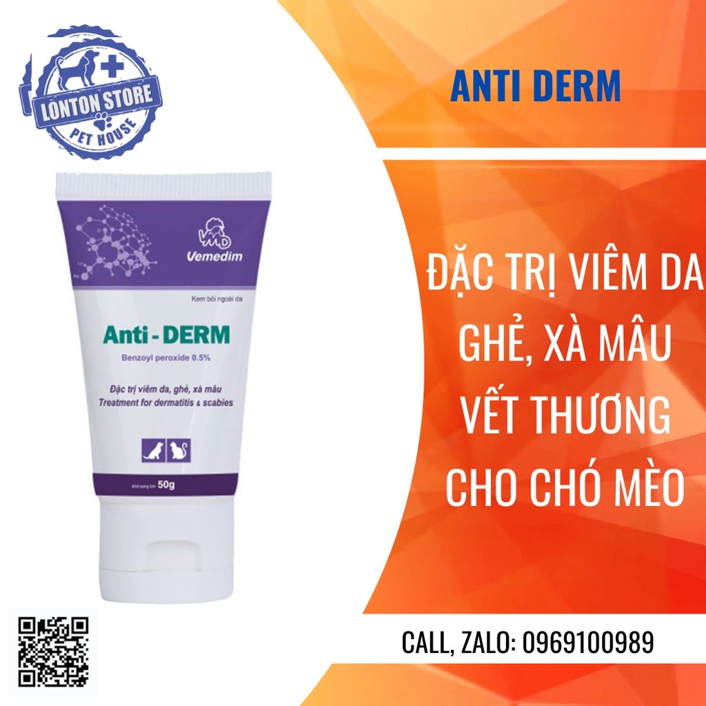 VEMEDIM Anti derm - Gel Bôi Da Phòng Ghẻ, Viêm Da, Vết Thương, Lở Loét, Xà Mâu Cho Chó Mèo Anti Derm 50g - Lonton Store