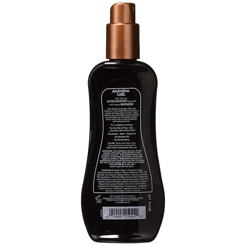 Bình gel xịt tăng độ bắt nắng &amp; nhuộm da nâu Australian Gold Dark Tanning Accelerator Spray Gel With Bronzer 237ml (Mỹ)