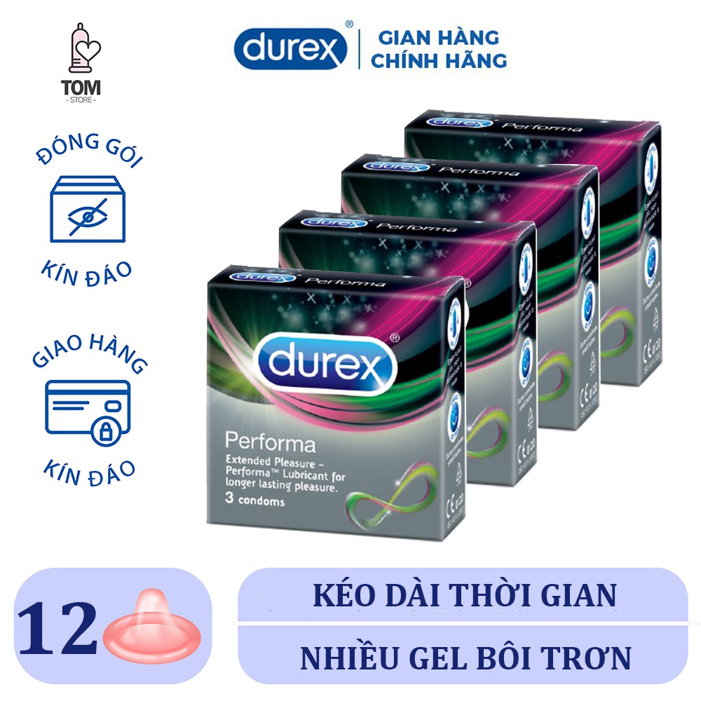 Combo 4 Hộp Bao cao su Durex Performa kéo dài thời gian quan hệ 12c, Bao cao su kéo dài thời gian nhiều gel bôi trơn