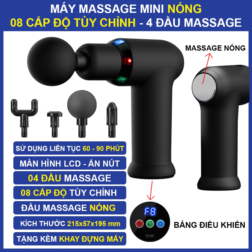 Máy massage cầm tay METAMO 4 đầu 8 cấp độ nóng trị đau nhức toàn thân hiệu quả, súng massage kèm 4 đầu mát xa chuyên sâu