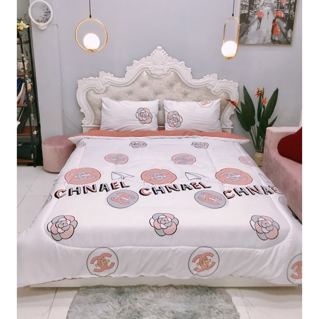 Bộ chăn ga gối cotton đũi , sét chăn chần  5 món  ful siz 1m6 ,1m8,,2m2