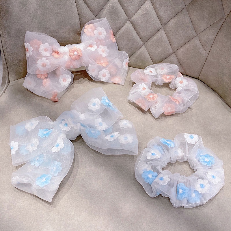 Dây Buộc Tóc Vải Organza Bản Lớn Thêu Hoa Cúc Phong Cách Hàn Quốc Lãng Mạn