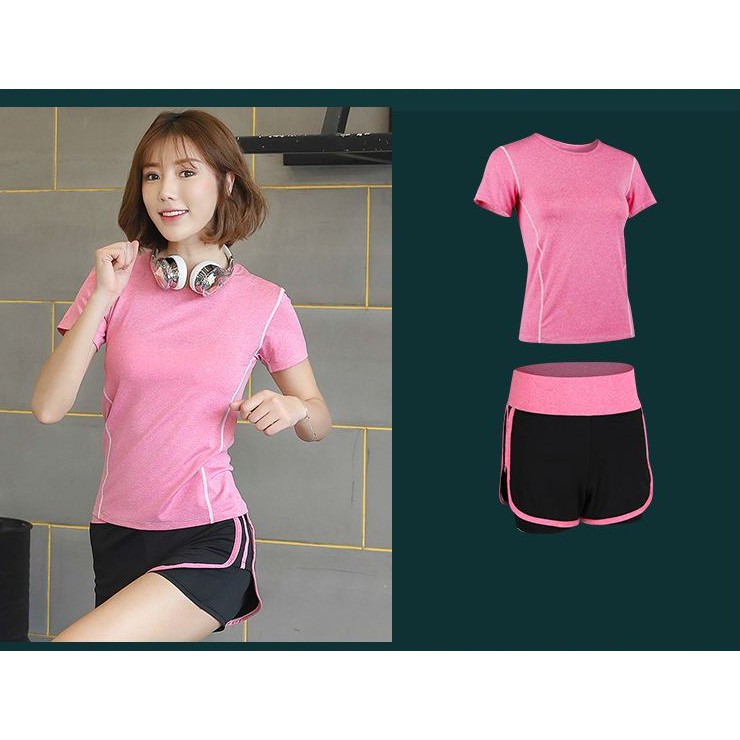 [CÓ SIZE LỚN] set bộ đồ tập gym, yoga, aerobic nữ Linda018 áo thun quần đùi 2 lớp