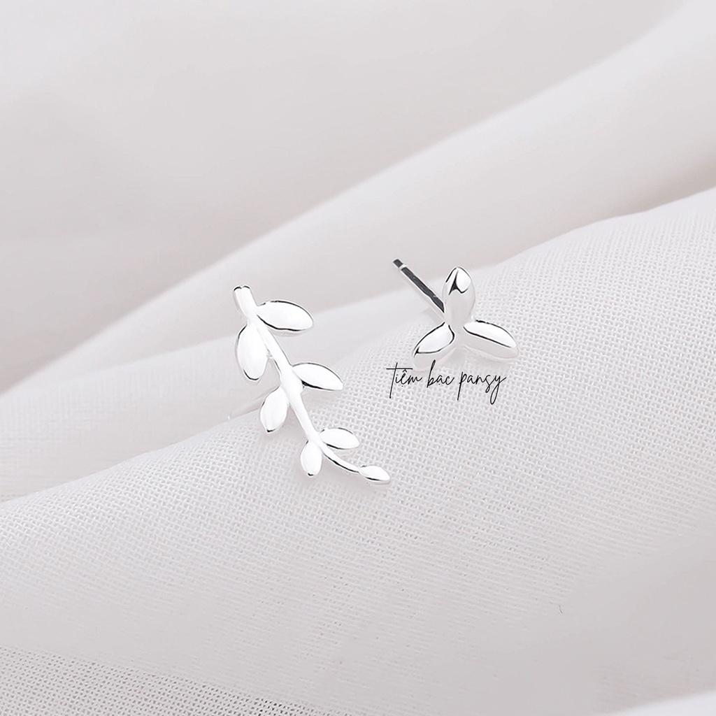Bông tai bạc chốt thẳng hình lá Oliu, Khuyên tai bạc Pansy hình chiếc lá Oliu dễ thương