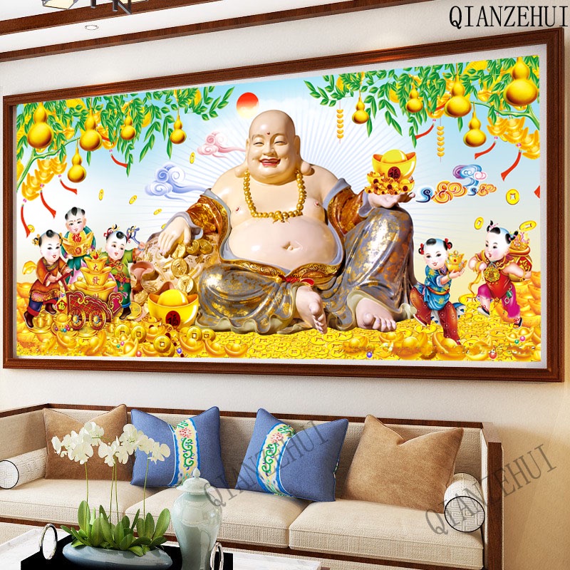 Bộ Tranh Đính Đá Tròn Tự Làm Hình Phật Vàng Trang Trí Nhà Cửa