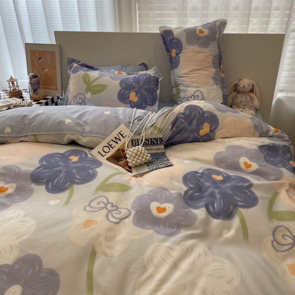 Bộ chăn ga gối cotton poly phong cách dễ thương - Mẫu hoa sáp xanh Drap Giường Đủ Kích Thước Trải Nệm 1m, 1m2, 1m4, 1m6,