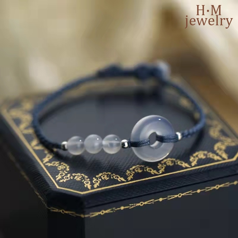 Vòng Tay Dây Bện Đính Hạt Ngọc Bích Màu Xanh Dương Mang Lại May Mắn Ins Hetian