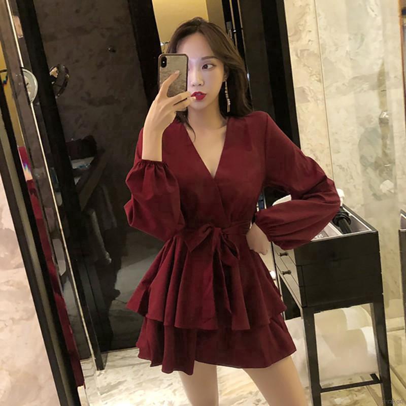 Đầm trơn màu eo cao tay dài thời trang thanh lịch