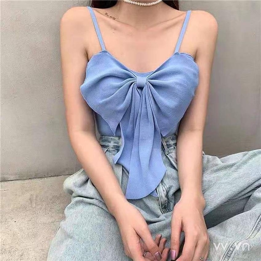 Áo Dệt Kim Sát Nách Dáng Ôm Đính Nơ Màu Sắc Đơn Giản Phong Cách Hàn Quốc Cho Nữ