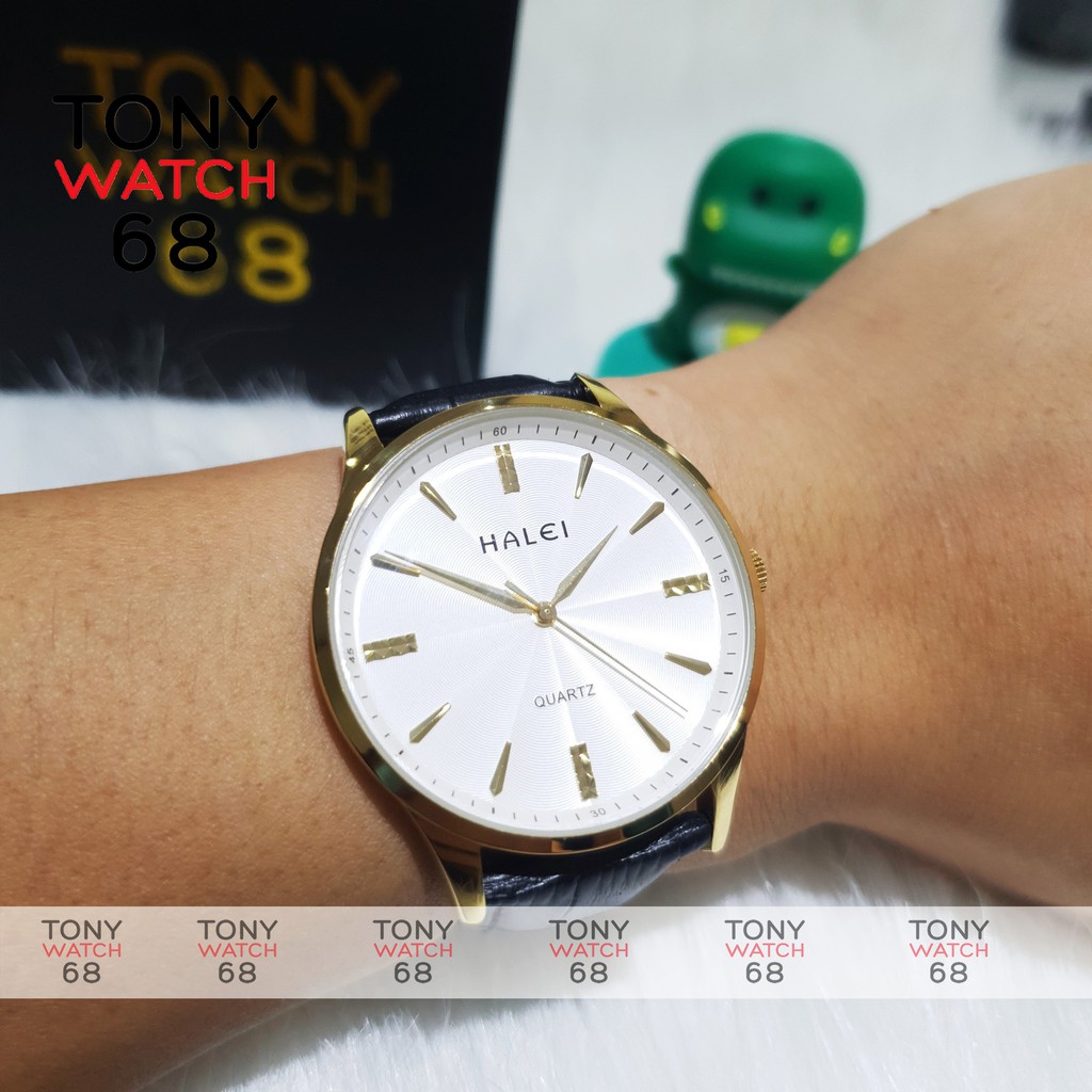 Đồng hồ cặp đôi nam nữ Halei dây da nâu viền mạ vàng chống nước tuyệt đối | BigBuy360 - bigbuy360.vn