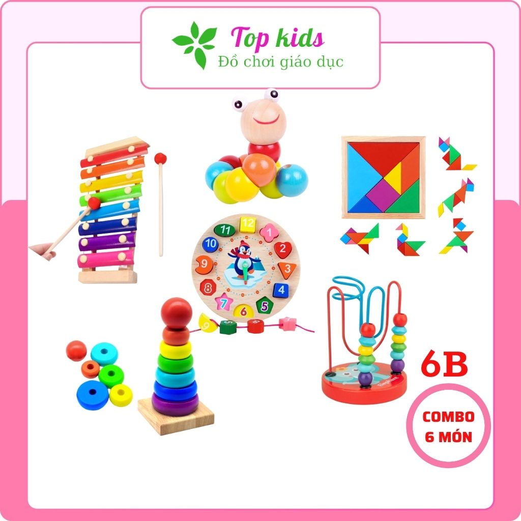 Đồ chơi giáo dục cho bé montessori combo 6 món đồ chơi gỗ thông minh cho trẻ phát triển trí tuệ TOPKIDS