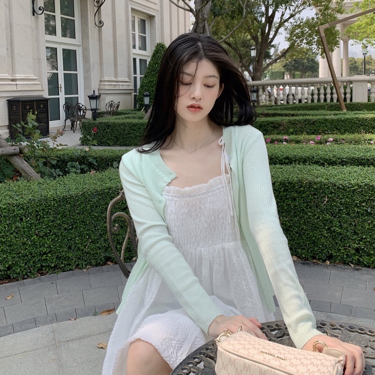 V001 Váy hai dây thắt nơ chun ngực viền bèo Ulzzang dáng xòe xinh xắn đầm voan mềm  Hàn Quốc cá tính phong cách