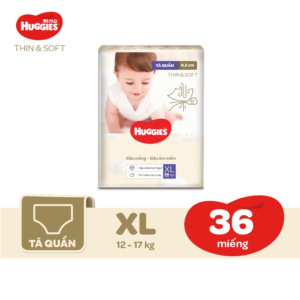 [Mã MKBHUGBU giảm 12% đơn từ 400K] Tã quần Hàn Quốc Huggies Thin &amp; Soft mỏng tàng hình size L44/XL36/XXL28