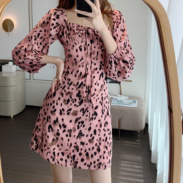 Đầm Chiffon Tay Phồng Cổ Vuông In Họa Tiết Da Báo Phong Cách Pháp Thời Trang Mùa Thu Mới Cho Nữ