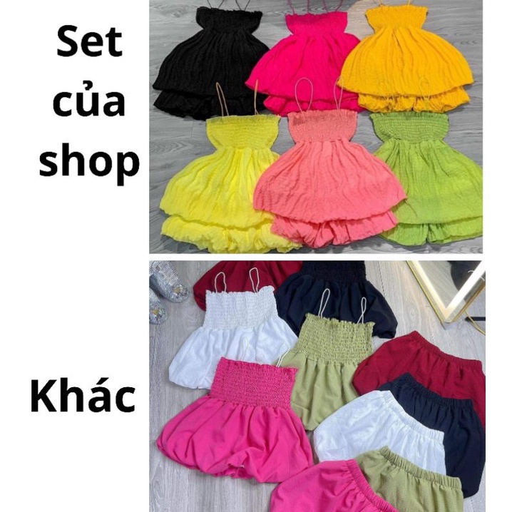 [FREESHIP] Set xốp nhún co giãn áo hai dây xoè bồng babydoll phối quần bí 6 màu bán rất chạy