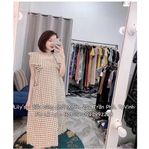 Váy bầu_Đầm bầu thời trang,đầm bầu thiết kể kẻ cổ vuông kẻ caro mùa hè