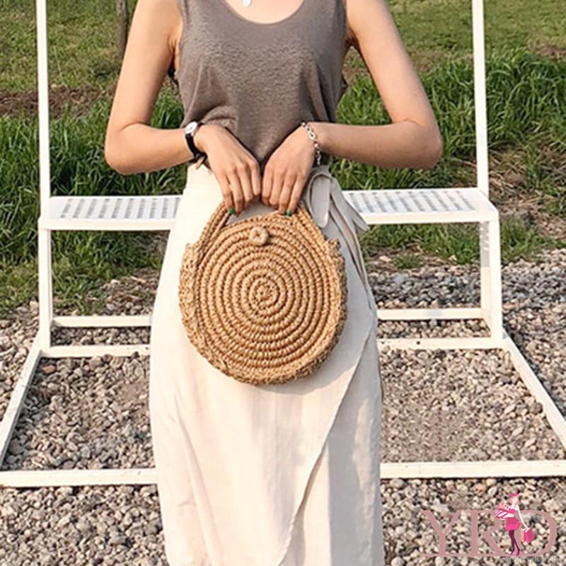 Túi đeo chéo dạng tròn đan mây mùa hè phong cách vintage