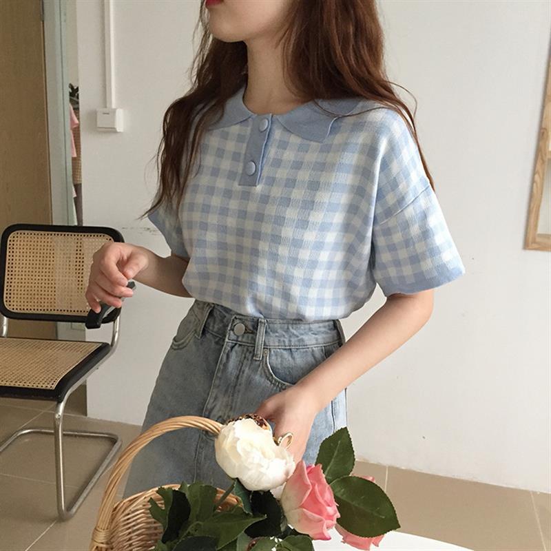 Áo sweater dệt kim XINLANYASHE ngắn tay dáng rộng kẻ sọc màu tương phản phong cách phương Tây cho học sinh