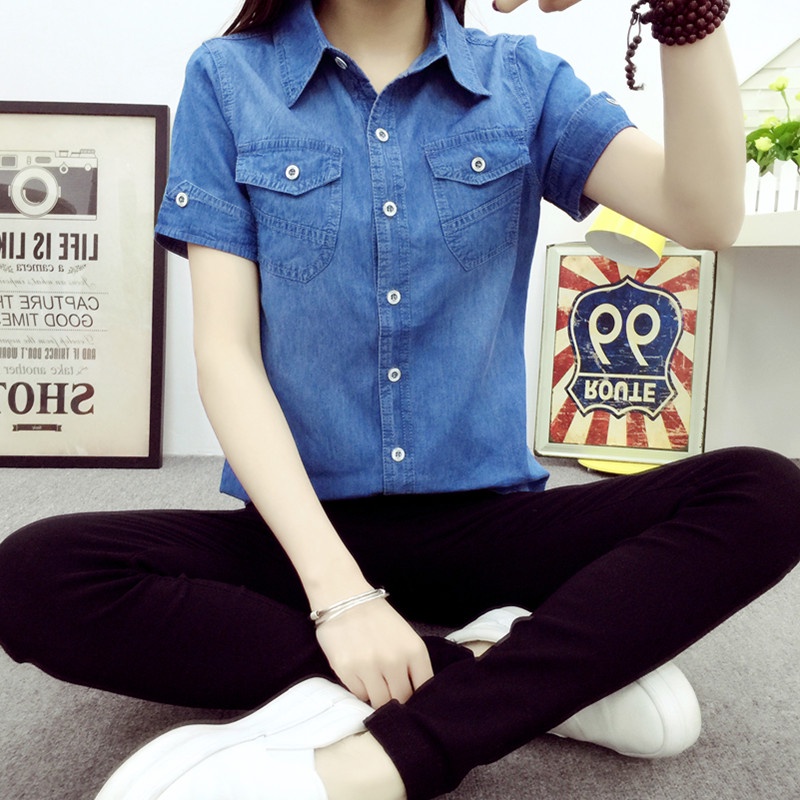 Áo Sơ Mi Denim Tay Ngắn Dáng Ôm Phong Cách Hàn Quốc Thời Trang Cho Nữ