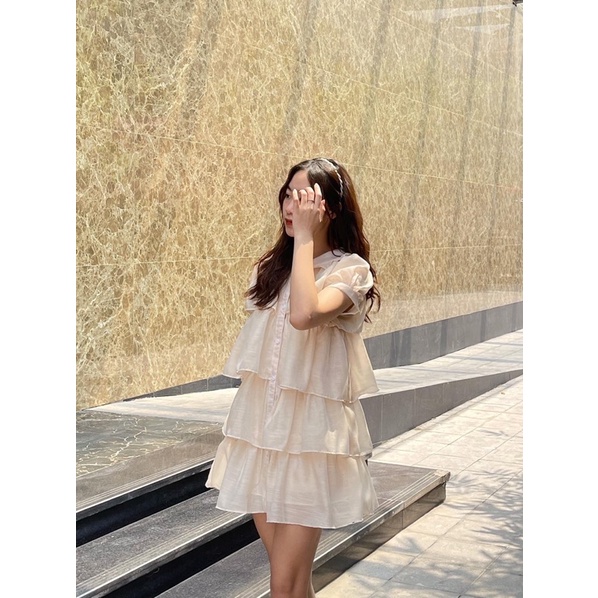 Đầm babydoll 2 lớp cất kim sa siêu đẹp, Váy voan tầng cổ sen tay bồng tiểu thư bánh bèo (TTA108)