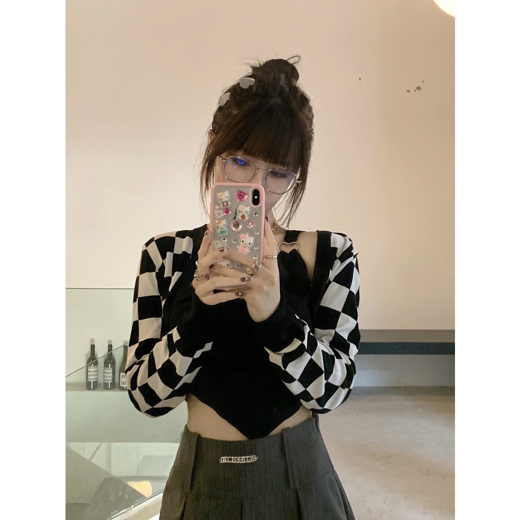 Áo Hai Dây Thể Thao Họa Tiết Sọc Caro Phong Cách Retro Thời Trang Hàn Quốc Cho Nữ