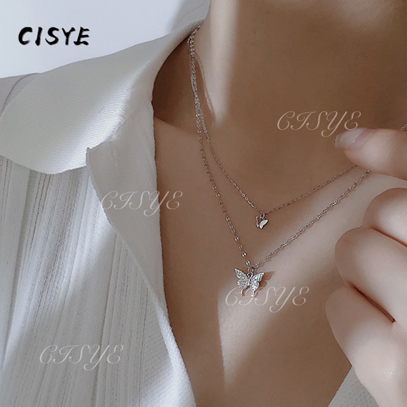 Dây chuyền hai lớp mặt hình bướm đính đá zircon không gây dị ứng cho nữ