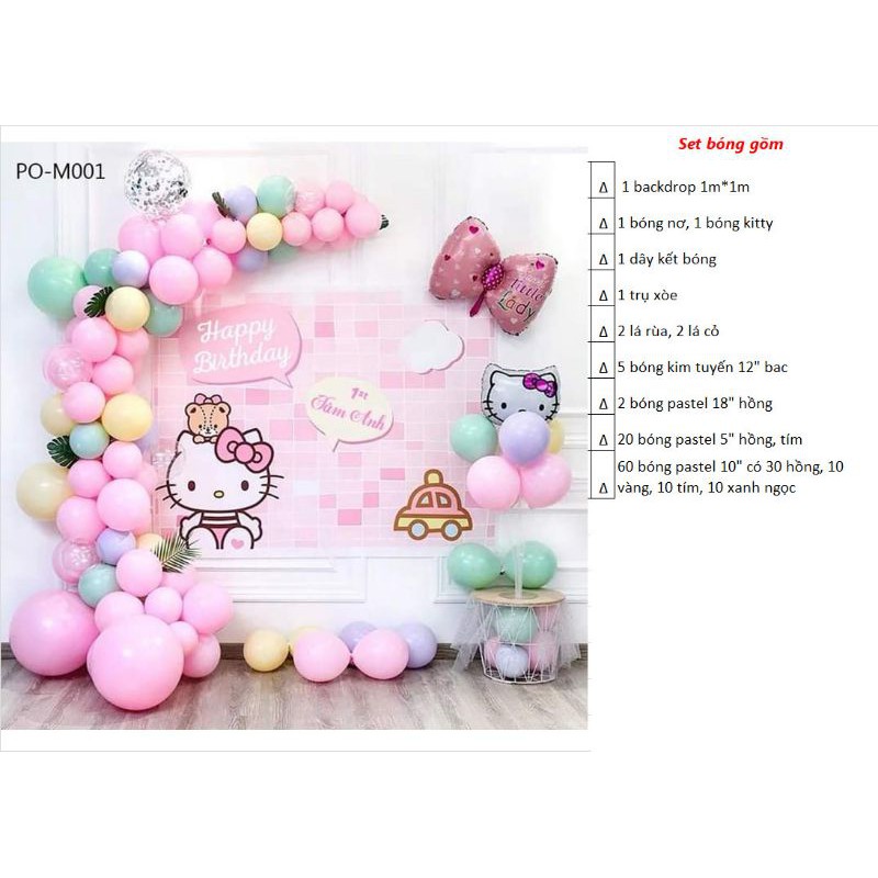 (KÈM BACKDROP +BƠM KEO) SET BÓNG SINH NHẬT CHỦ ĐỀ KITTY CHO BÉ GÁI
