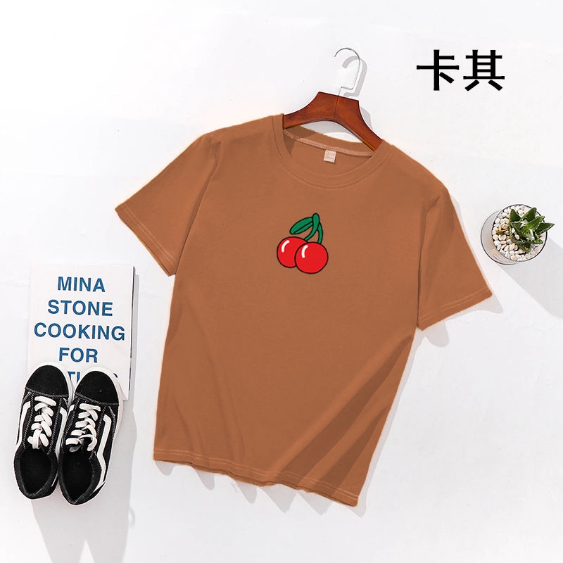 Áo Thun Tay Ngắn Unisex Cổ Tròn In Hình Quả Cherry Phong Cách Harajuku
