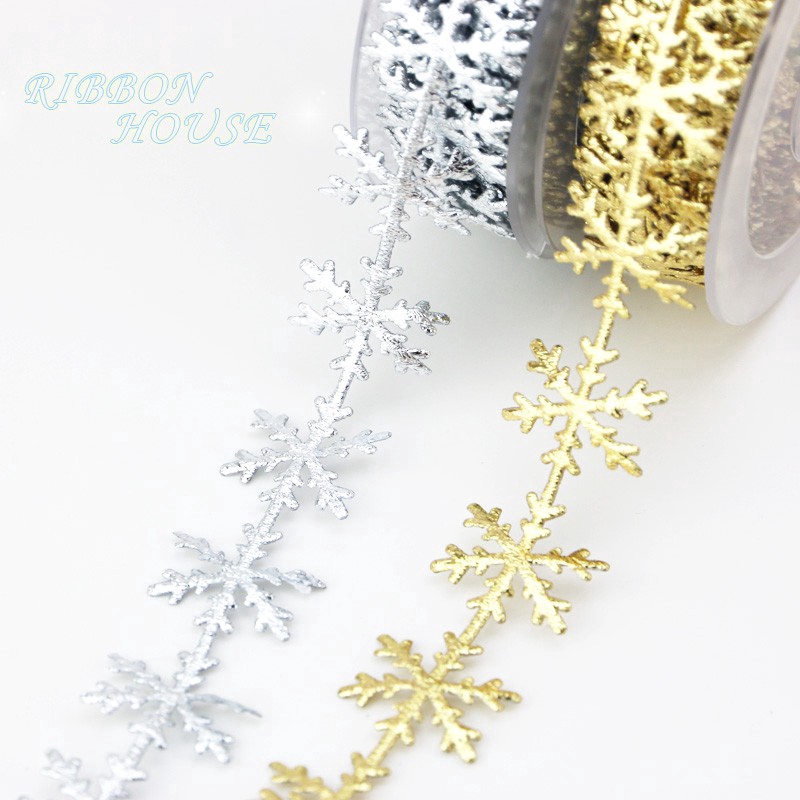 (Cuộn 10m / Cuộn Dây Ruy Băng Ren Hoa Tuyết Màu Bạc / Vàng Trang Trí Giáng Sinh