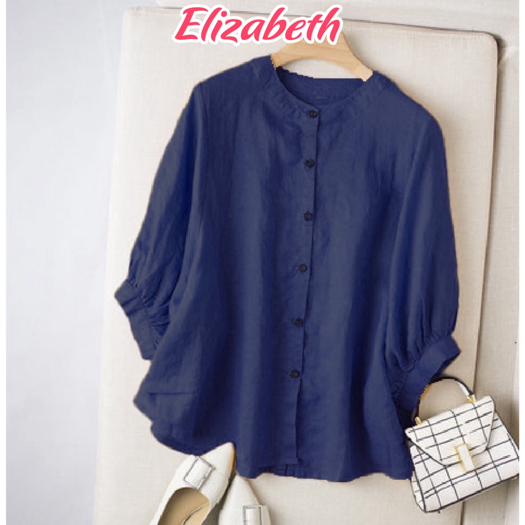 Áo sơ mi nữ cổ tròn tay lỡ form rộng bigsize Elizabeth chất liệu đũi tơ mềm nhẹ mát SMH.34