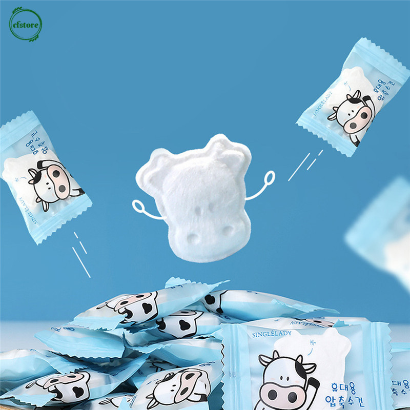 [Hàng mới về] 50 Khăn lau mặt dạng nén dùng một lần bao bì in hình bò sữa dễ thương