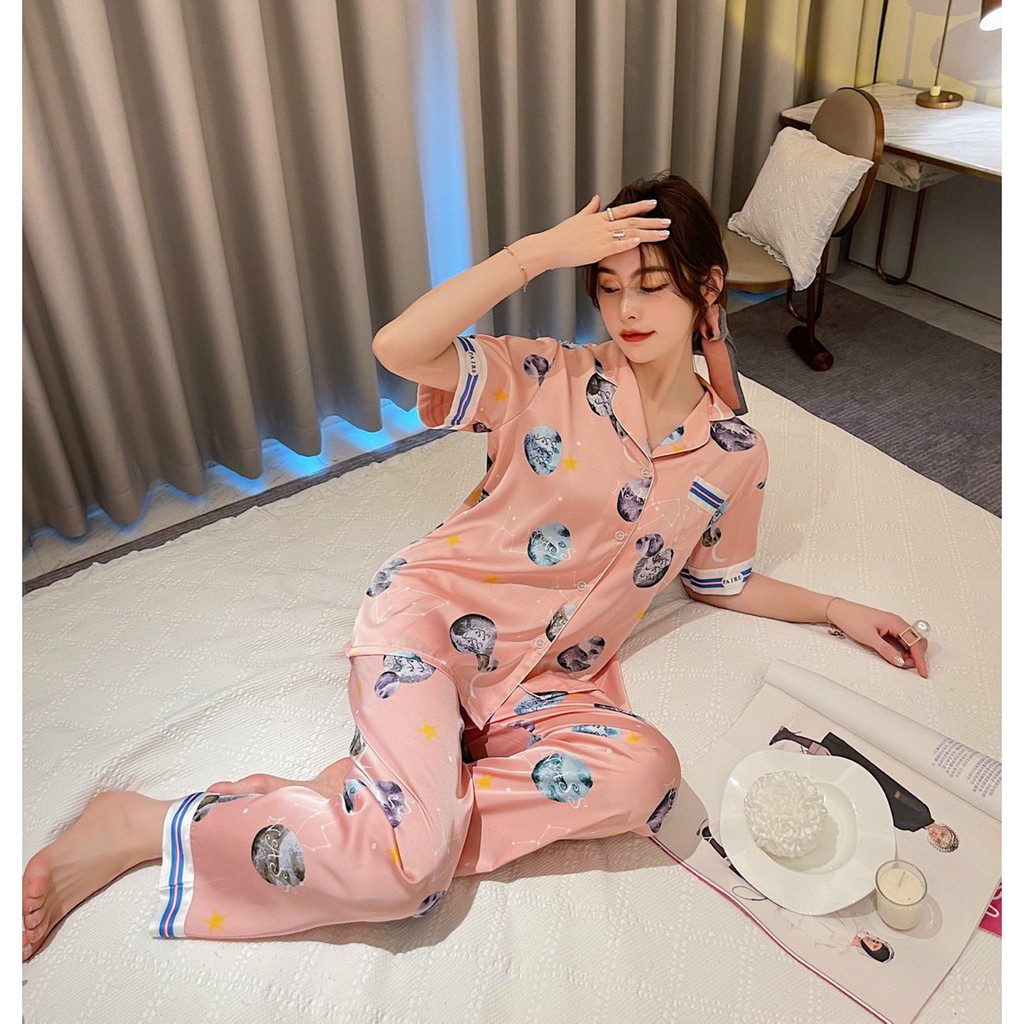 Đồ bộ mặc nhà cao cấp-Bộ ngủ pijama quần dài tay ngắn dễ thương chất lụa mịn mát hàng cao cấp