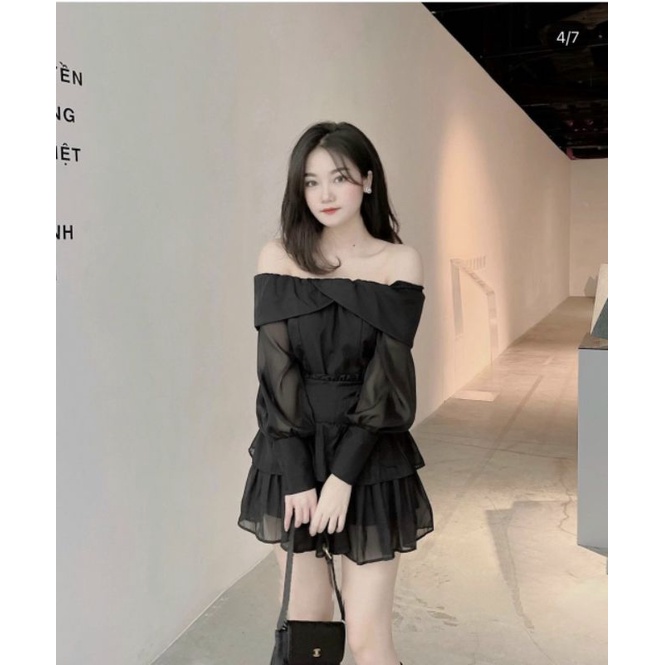 Set áo voan kèm chân váy xoè bẹt vai