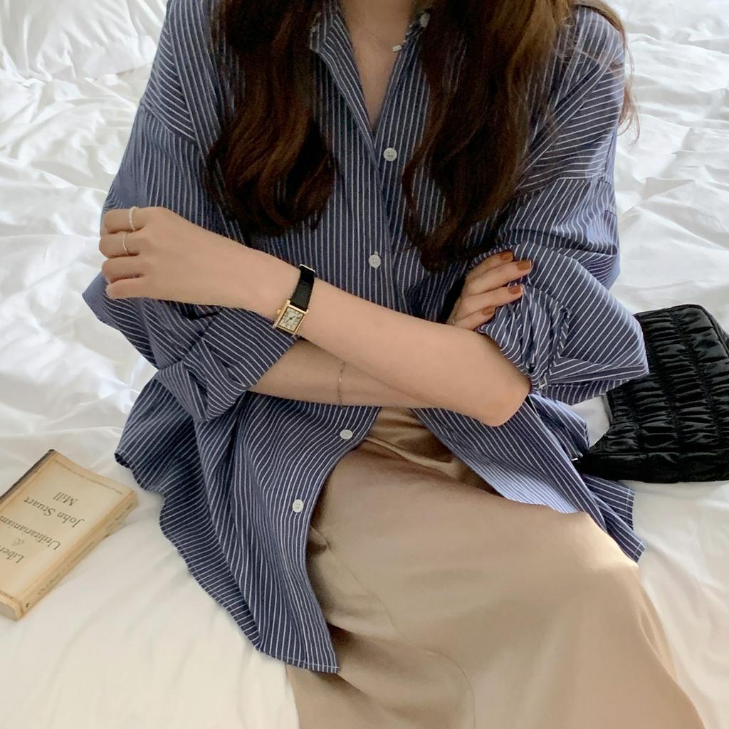 Xiaozhainv Áo sơ mi tay dài dáng rộng kẻ sọc dành cho nữ