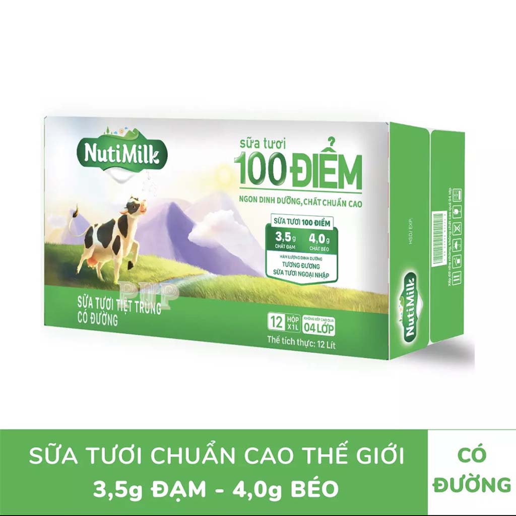 Thùng 12 Hộp Sữa Tươi Tiệt Trùng 100 Điểm Có Đường Nutimilk 1 lít