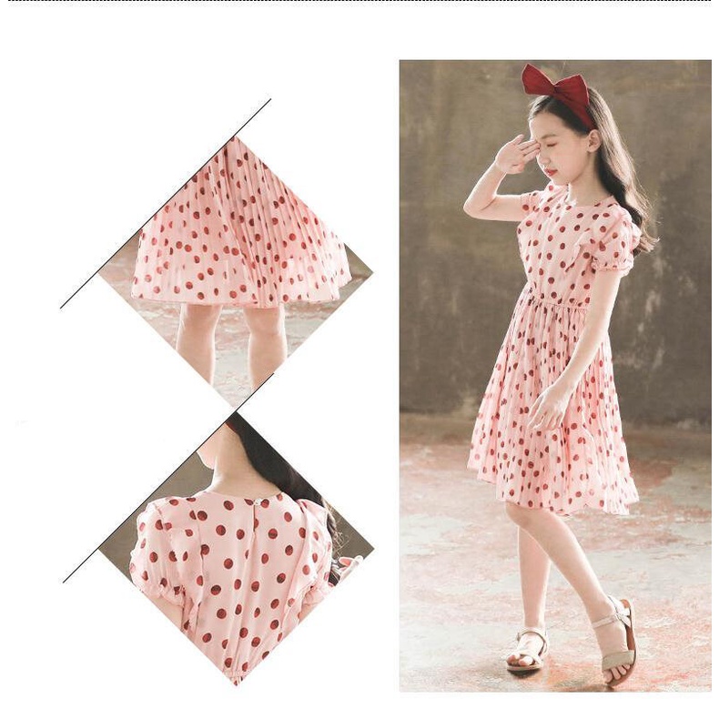 Đầm Chiffon Cổ Tròn Tay Ngắn Họa Tiết Chấm Bi Xinh Xắn Cho Bé Gái Từ 3-4 - 5-6 - 7-8 - 9-10 - 11-12 Tuổi