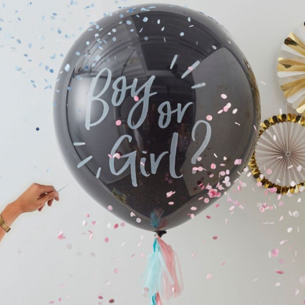 Bộ bong bóng 91.44 cm in chữ "Boy or Girl" có hoa giấy màu hồng và lam dùng cho trang trí tiệc sinh nhật / tiệc cưới
