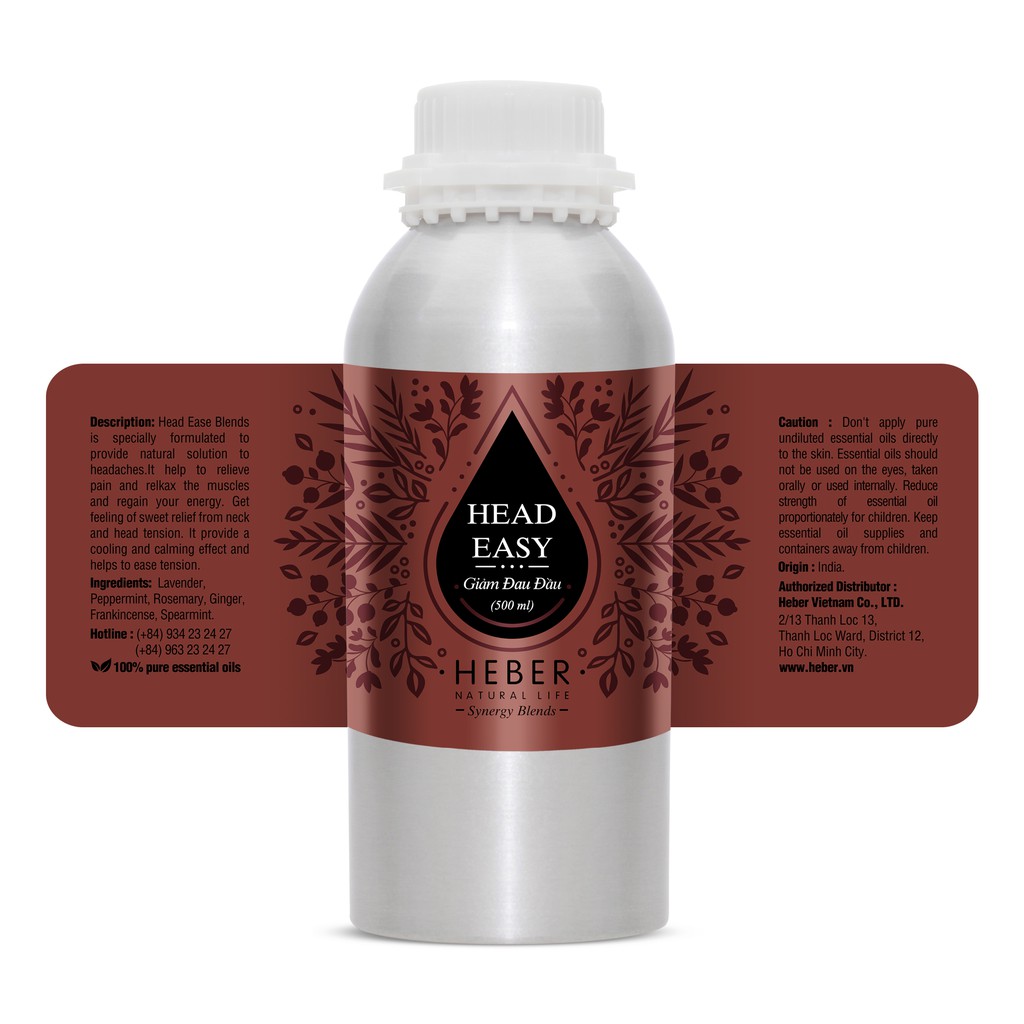 (Chai 500ml/1000ml)Tinh Dầu Giảm Đau Đầu- Head Easy Blend Heber Natural Life, Cao Cấp Nhập Khẩu, Thiên Nhiên Nguyên Chất