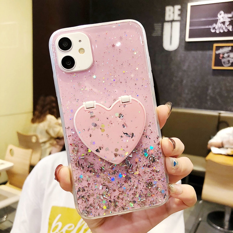 PT Realme 7 7i 3 5 5i 5s 6i 6 2 Pro C1 C2 C3 C3i C11 C12 C15 C17 X U1 Q OPPO F11 Pro F7 K3 Reno 2 2F Glitter Colorful Love Heart Make Up Mirror Soft Case