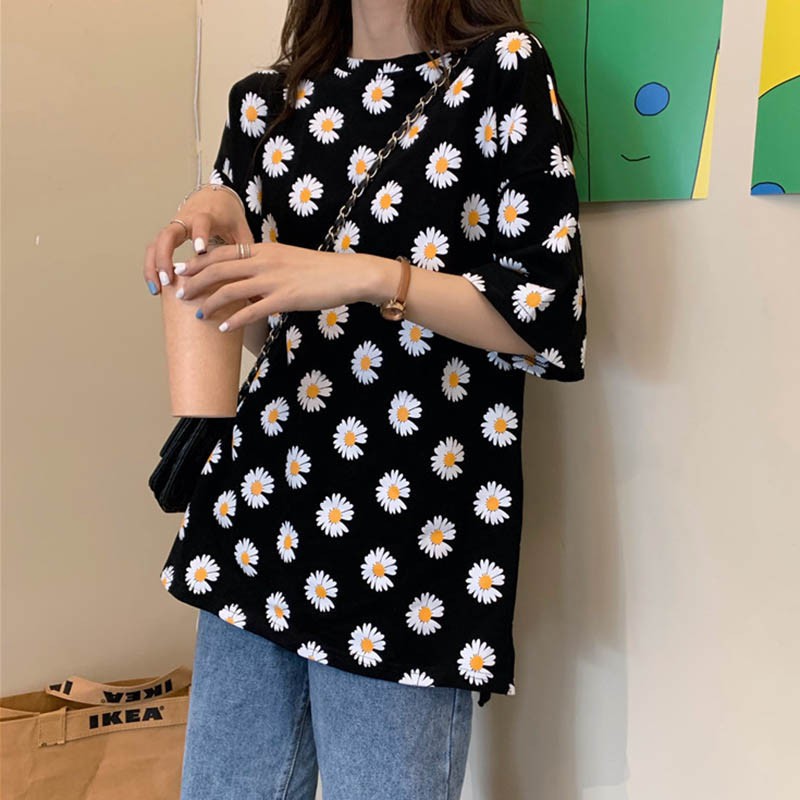 Áo Thun Tay Ngắn Cổ Tròn Hoạ Tiết Hoa Thiết Kế Dáng Rộng Thoải Mái