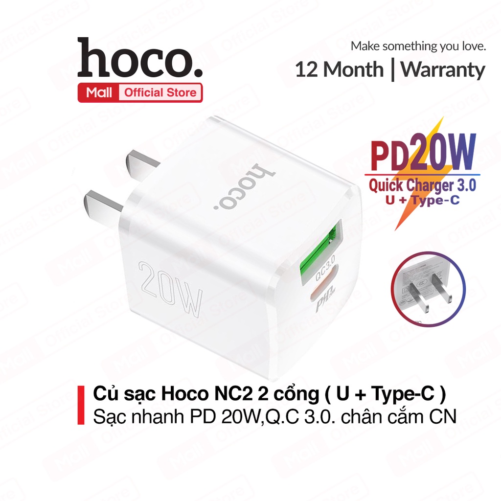 Củ sạc nhanh Hoco NC2 2 cổng ( U + Type-C ) sạc nhanh PD20W, Q.C3.0, tương thích với nhiều dòng thiết bị, kích thước nhỏ