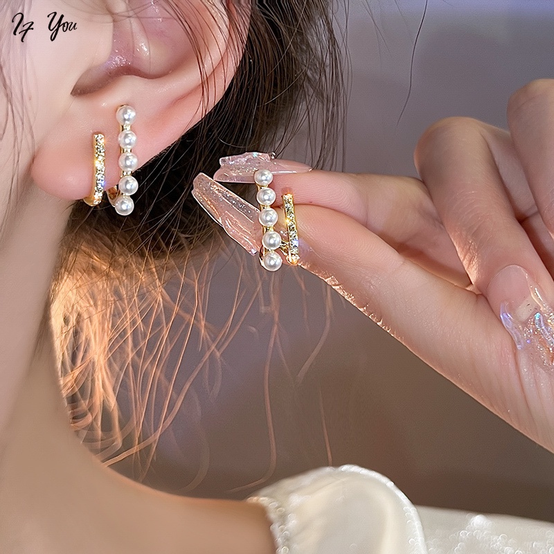 Khuyên Tai Vàng Hai Lớp Đính Hạt Ngọc Trai Thời Trang Thanh Lịch Cho Nữ