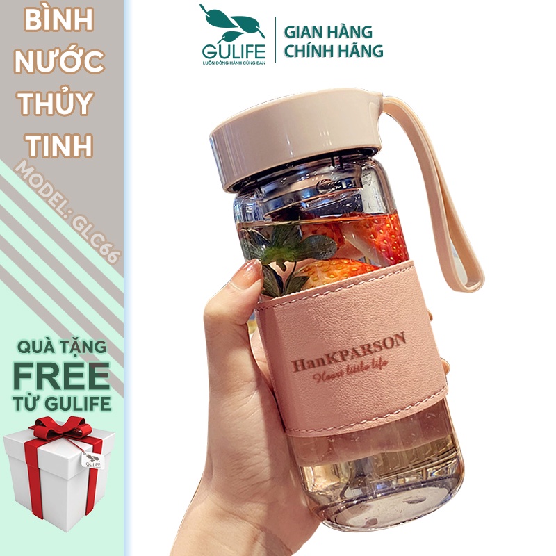 Bình Nước Thủy Tinh Cao Cấp Gulife GLC66 Bọc Da, Chịu Lực, Chịu Nhiệt, Có Dây Đeo Kèm Bộ Lọc Inox 304 Dung Tích 480ML